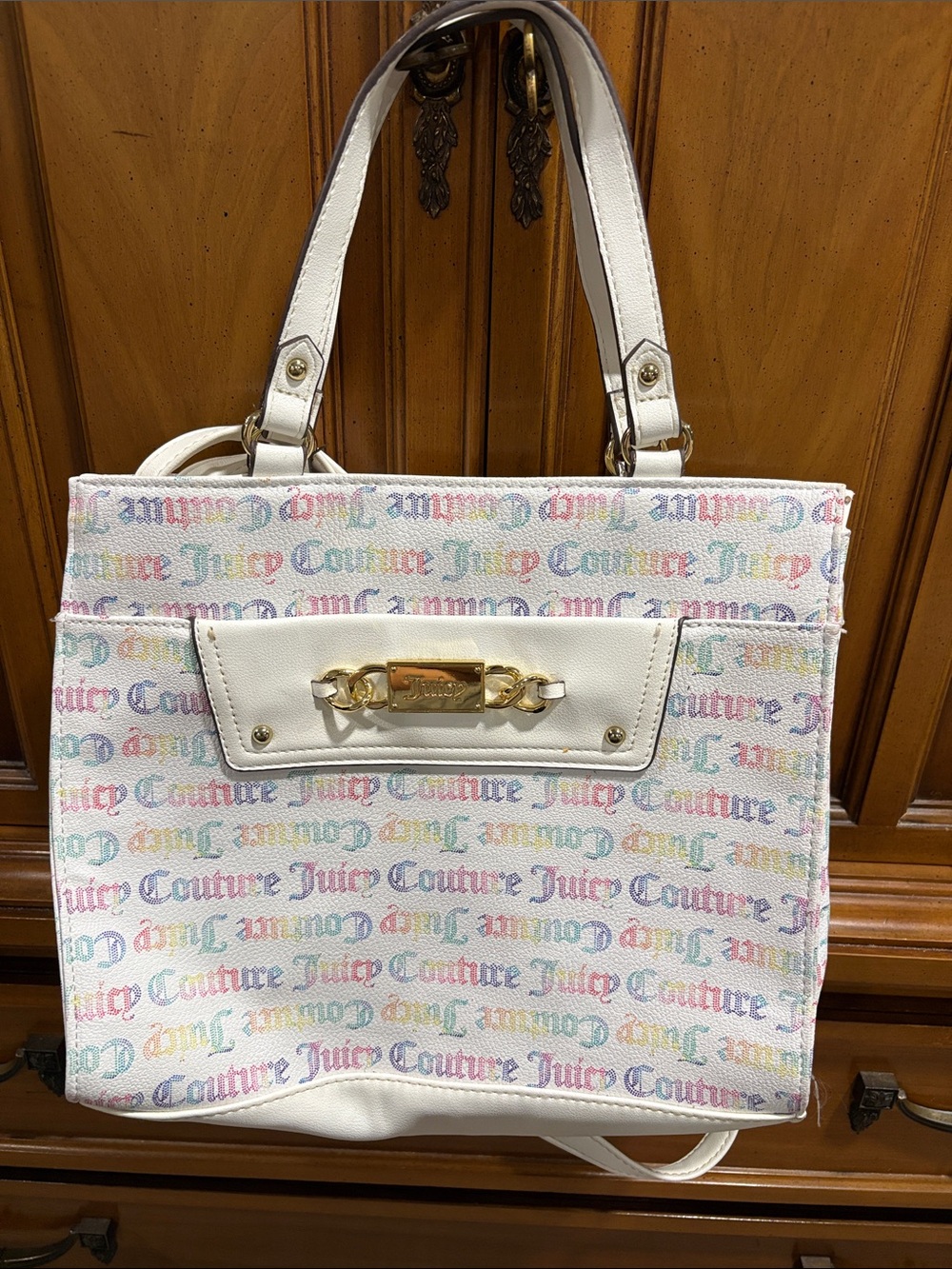 Juicy Couture White Tote with Pastel Multicolor Logo Print